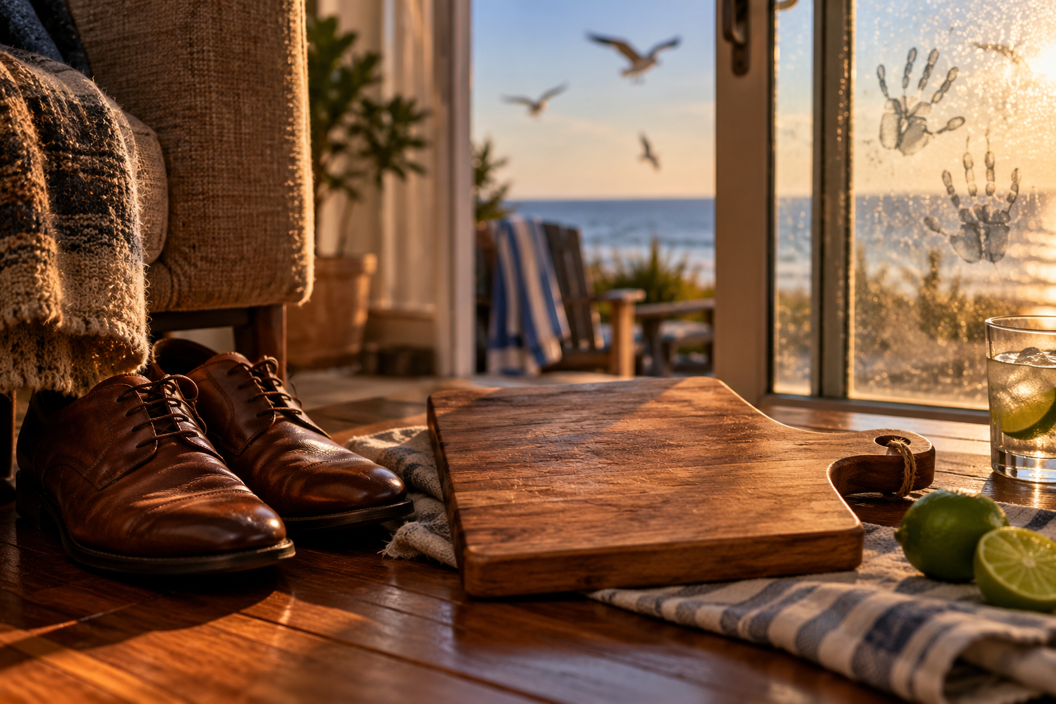 Brown leather shoes, a wooden cutting board and a glass door overlooking the ocean, representing ordinary objects tied to lasting memories.