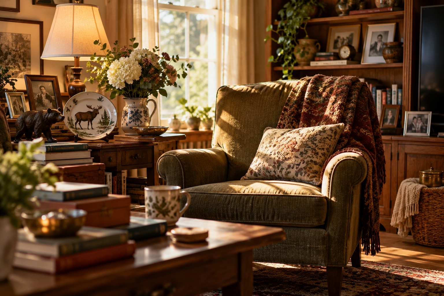 A warm family room filled with books, photographs and collected objects surrounding a well-loved chair.