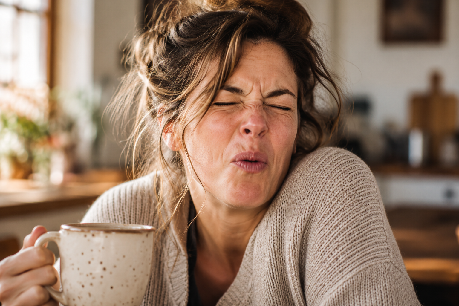 A woman makes a funny, scrunched expression while holding a coffee mug at home.