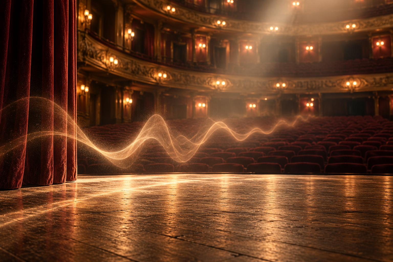 An empty theater stage with a glowing wave of sound moving through the auditorium.