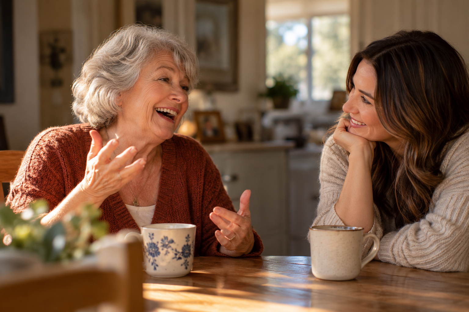 An older woman animatedly shares a story with a younger woman over coffee at a sunlit kitchen table.